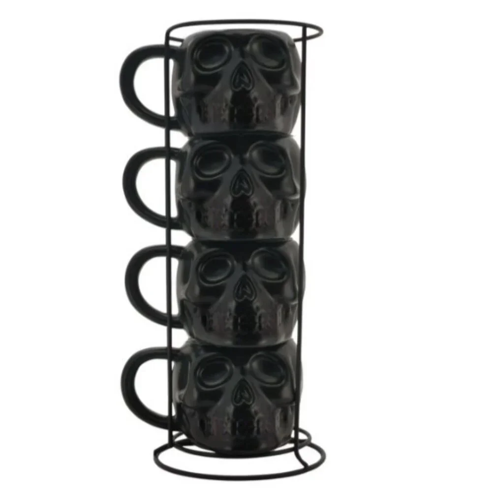 NEW Skull Mug Set of 4 Stackable Mugs Dia De Los Muertos Skulls Halloween Stonew